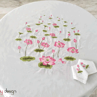 Round table cloth- Lotus embroidery (size 180 cm)